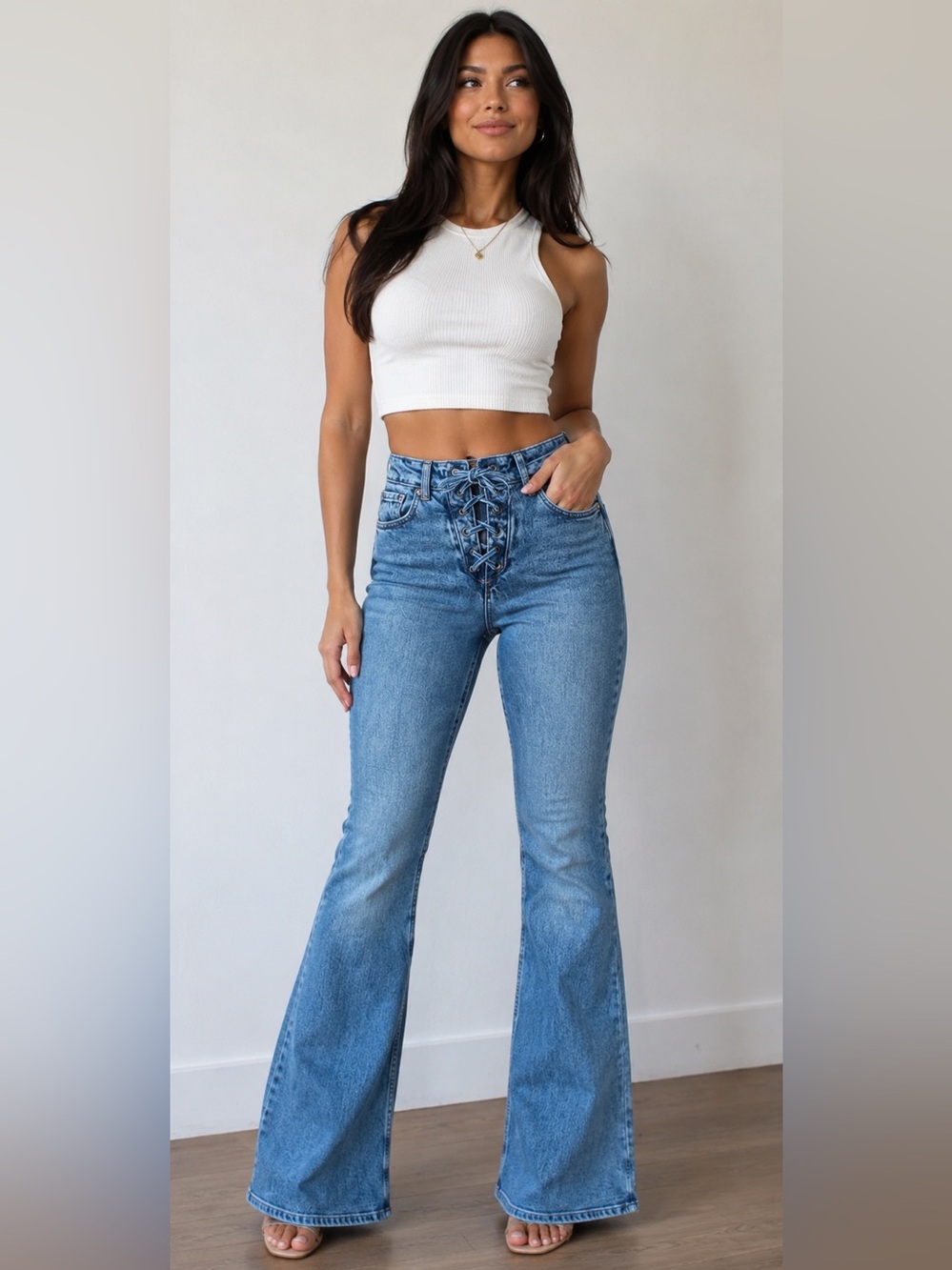 Social Tourist Medium Blue Denim Lace-Up High-Rise Flare Jeans 25W Y2K Retro